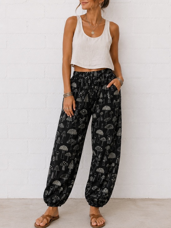 None Pants - Handmade Boho Mushroom Pants Black Sz S/M Whimsical Hippie Granola Cotton Nepal